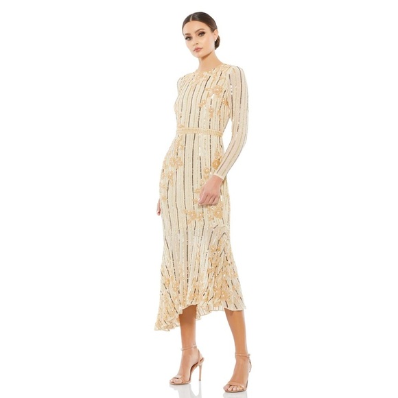 Mac Duggal | Long Sleeve Sequin Tea Dress Asymmetrical Hem Gold 93627 Size 4 NEW - Picture 1 of 11